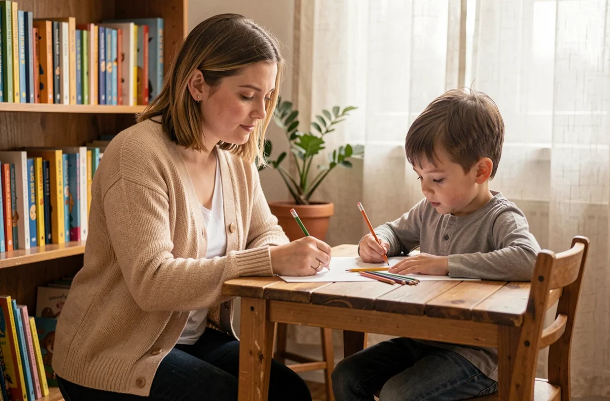 Femme accompagnant un enfant dans ses activités créatives à la maison, illustration de l'accompagnement éducatif quotidien