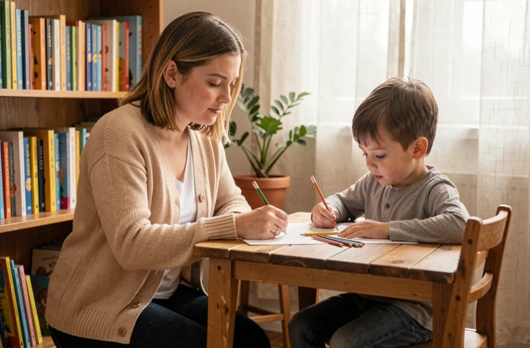 Femme accompagnant un enfant dans ses activités créatives à la maison, illustration de l'accompagnement éducatif quotidien