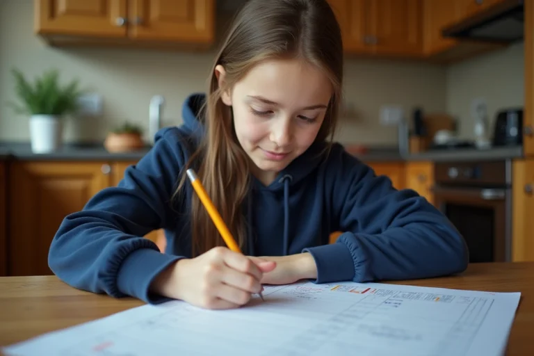 Adolescente qui consulte son bulletin scolaire à la table de cuisine en calculant sa moyenne