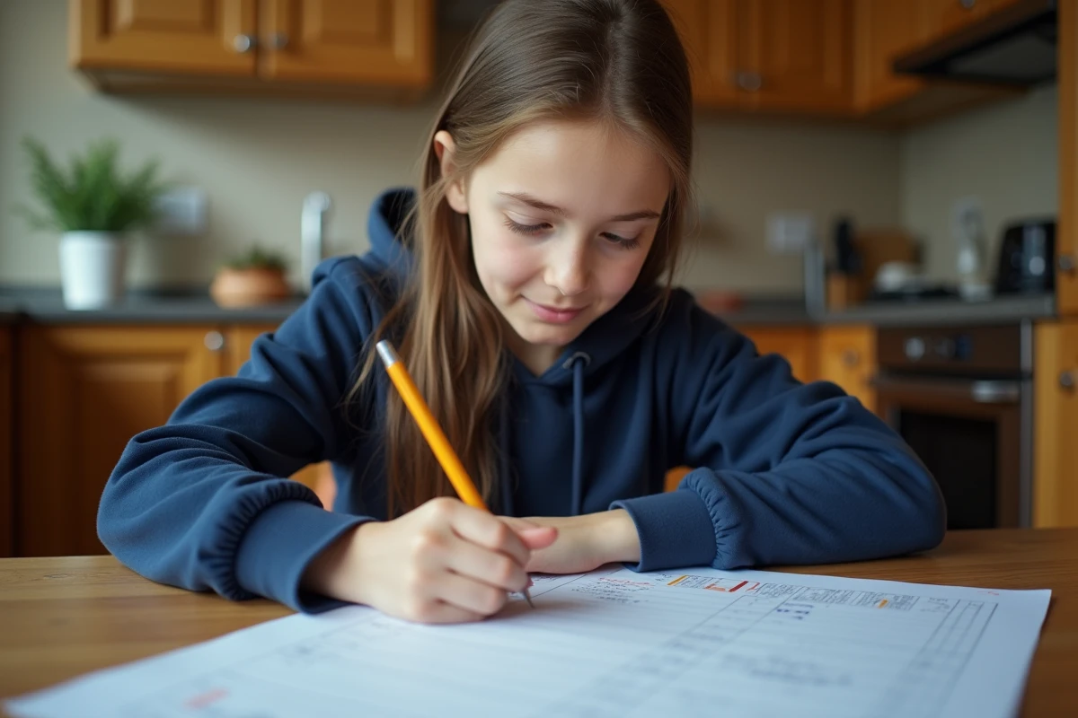 Adolescente qui consulte son bulletin scolaire à la table de cuisine en calculant sa moyenne