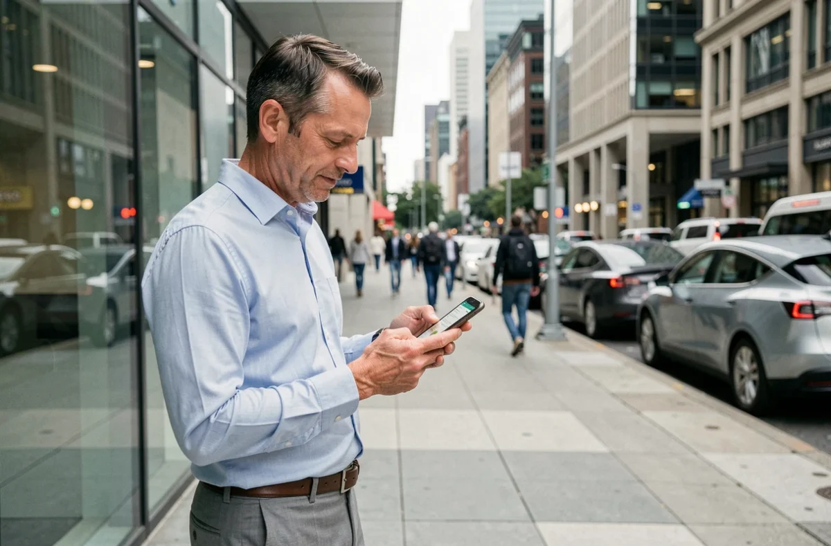 Un homme d'affaires utilisant une application bancaire sur son smartphone devant une banque moderne en ville
