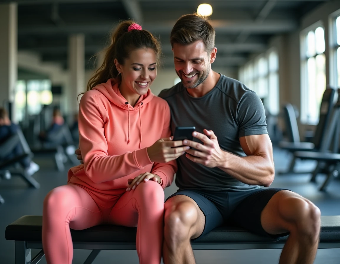 Un homme et une femme consultant les avis sur l'abonnement parrainage Basic Fit assis sur un banc de musculation