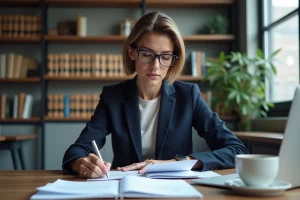 Avocate en blazer marine consultant des documents juridiques dans un bureau moderne avec bibliothèque en arrière-plan