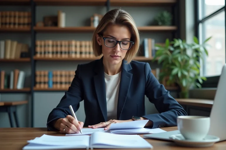 Avocate en blazer marine consultant des documents juridiques dans un bureau moderne avec bibliothèque en arrière-plan