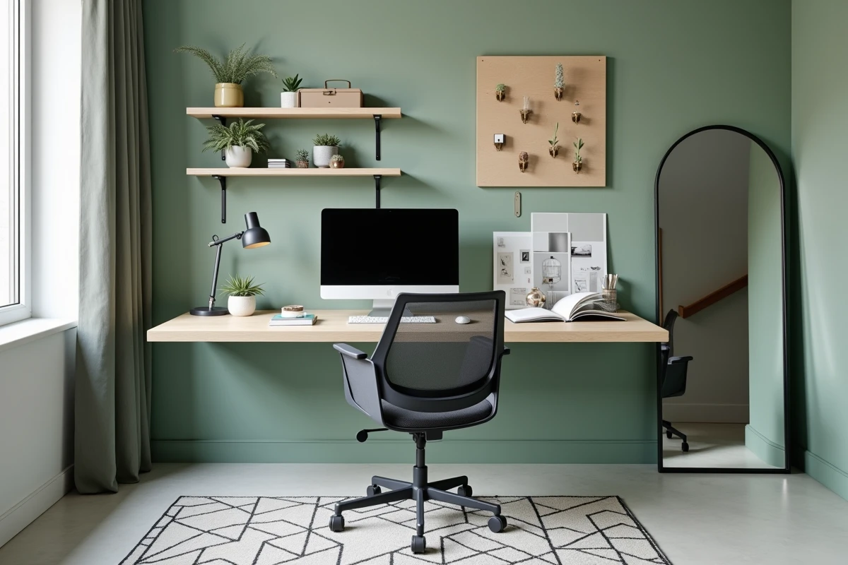 Bureau à domicile moderne avec bureau en chêne flottant, mur en chaux vert sauge et étagères design pour une déco intérieure inspirante