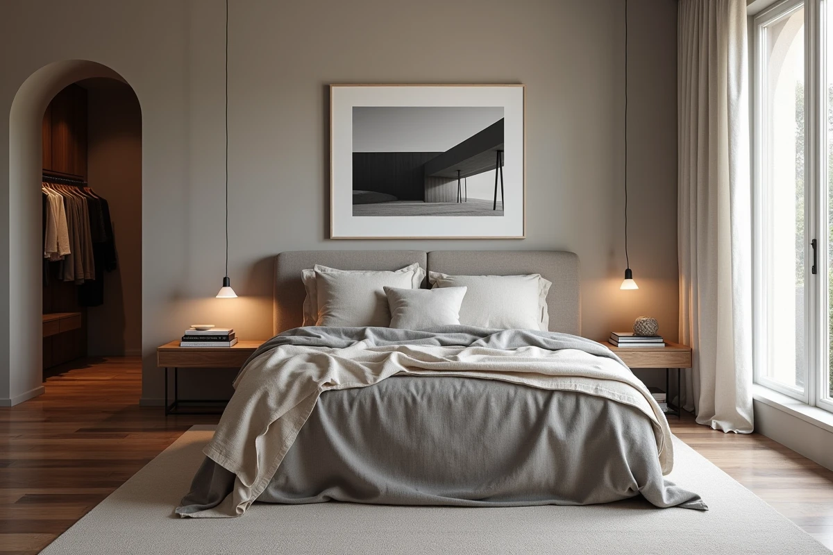 Chambre moderne apaisante avec literie en lin gris pierre, tête de lit en bois de noyer et parquet chêne foncé pour une déco intérieure élégante