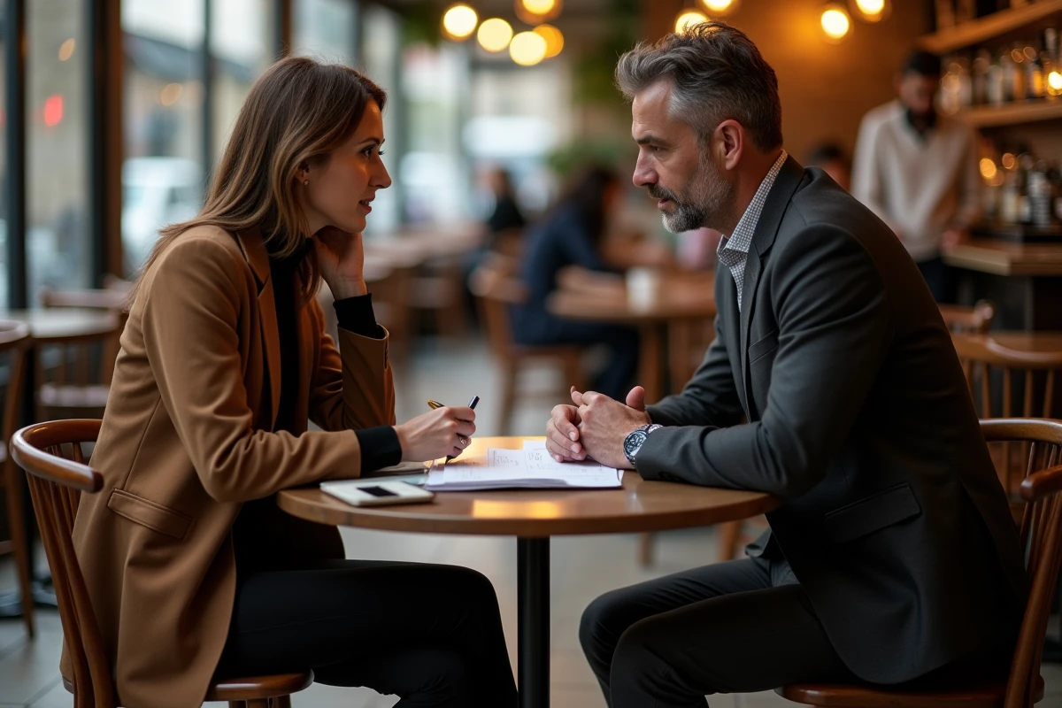 Séance de coaching professionnel entre un dirigeant en reconversion et son coach dans une brasserie parisienne