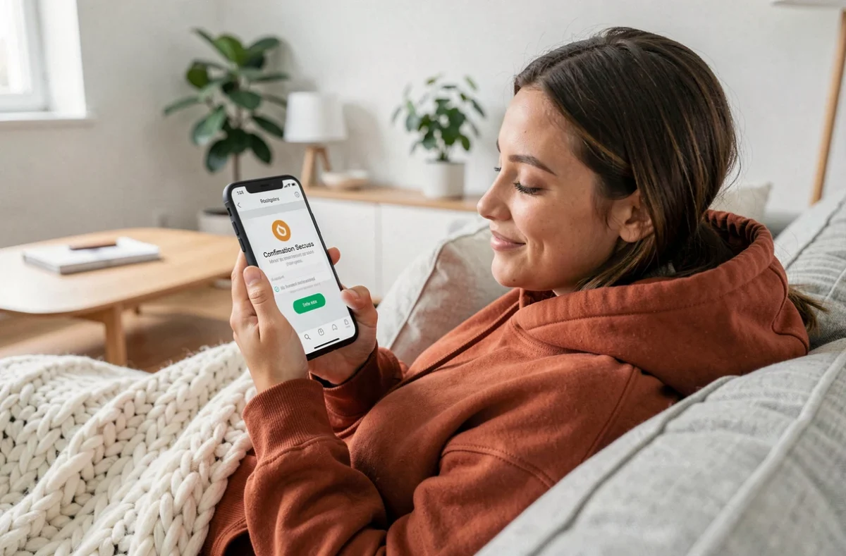 Jeune femme confirmant sa présence à un événement en ligne via smartphone depuis son canapé