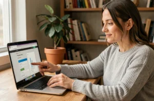 Femme confirmant sa présence à un événement en ligne depuis son bureau à domicile