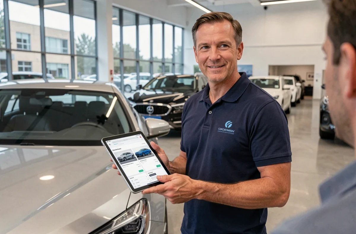 Conseiller automobile professionnel présentant des solutions auto dans une concession moderne avec tablette numérique