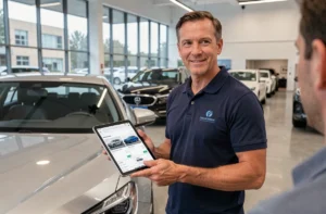 Conseiller automobile professionnel présentant des solutions auto dans une concession moderne avec tablette numérique