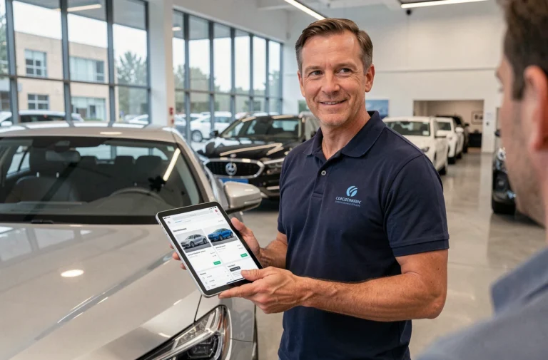 Conseiller automobile professionnel présentant des solutions auto dans une concession moderne avec tablette numérique