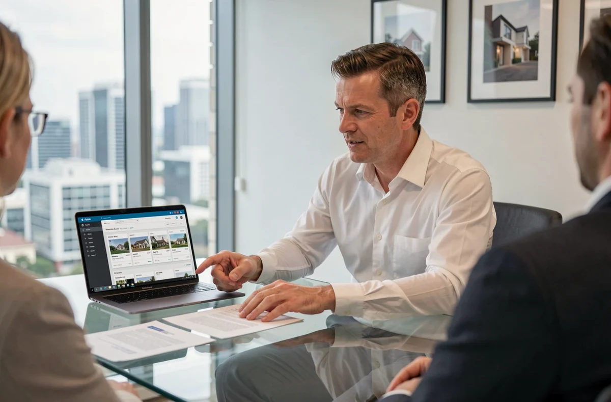 Conseiller immobilier présentant des résultats de recherche sur une plateforme spécialisée à des clients