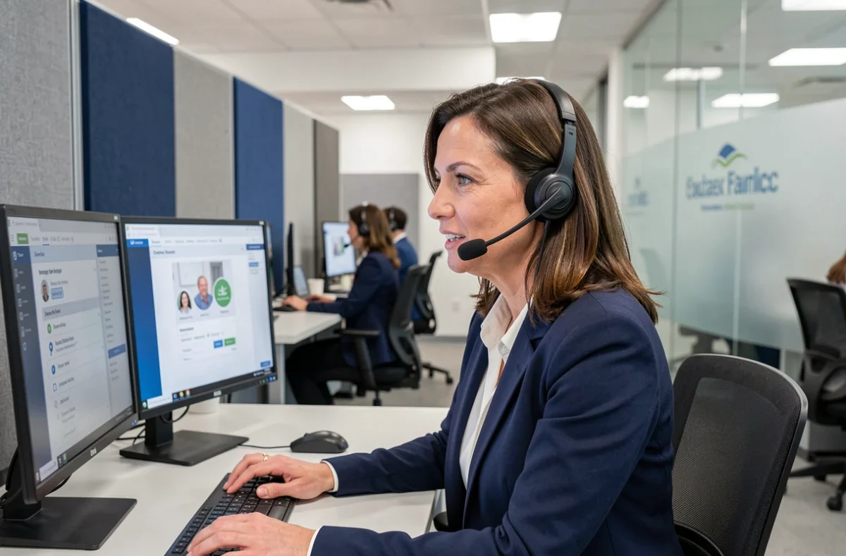 Conseillère de mutuelle au téléphone accompagnant un senior via un service de téléassistance