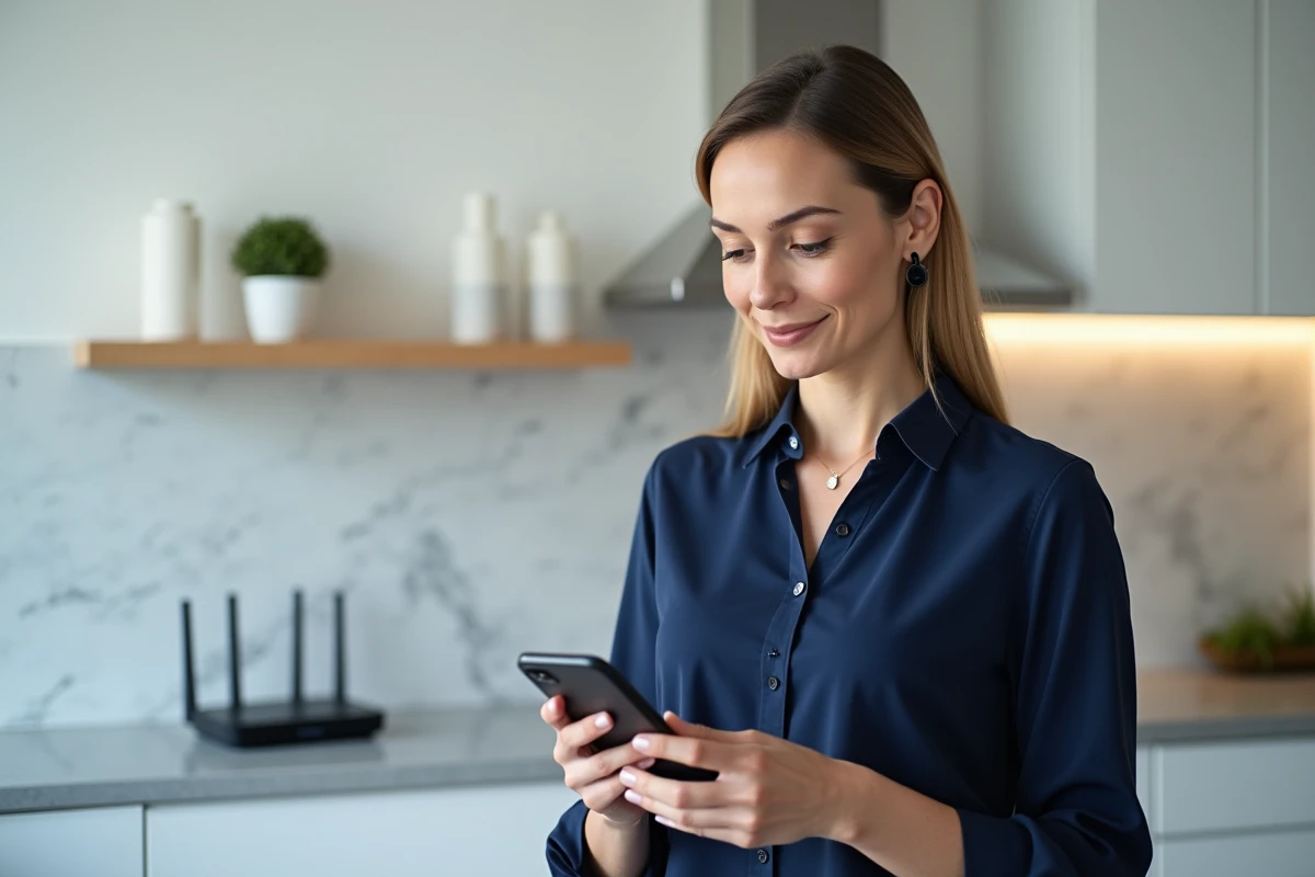 Femme contactant le service client de son opérateur internet depuis sa cuisine pour résilier son abonnement