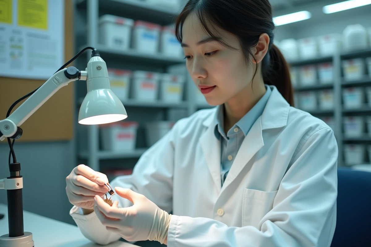 Contrôle qualité dans une usine de fabrication en Chine, une ouvrière inspecte des composants électroniques avec des pinces de précision