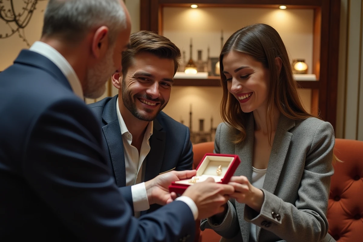 Jeune couple avec un vendeur présentant un bracelet en boutique
