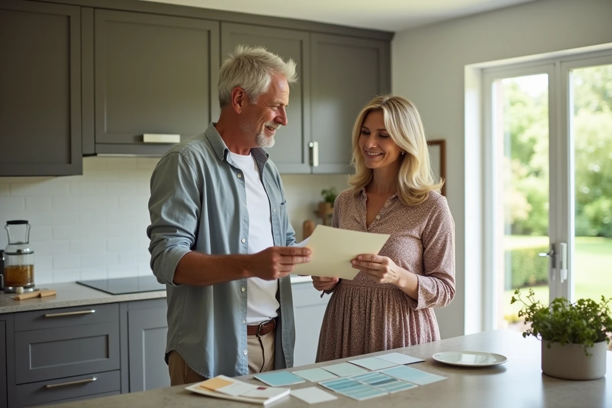 Couple dans une cuisine moderne choisissant des couleurs de peinture