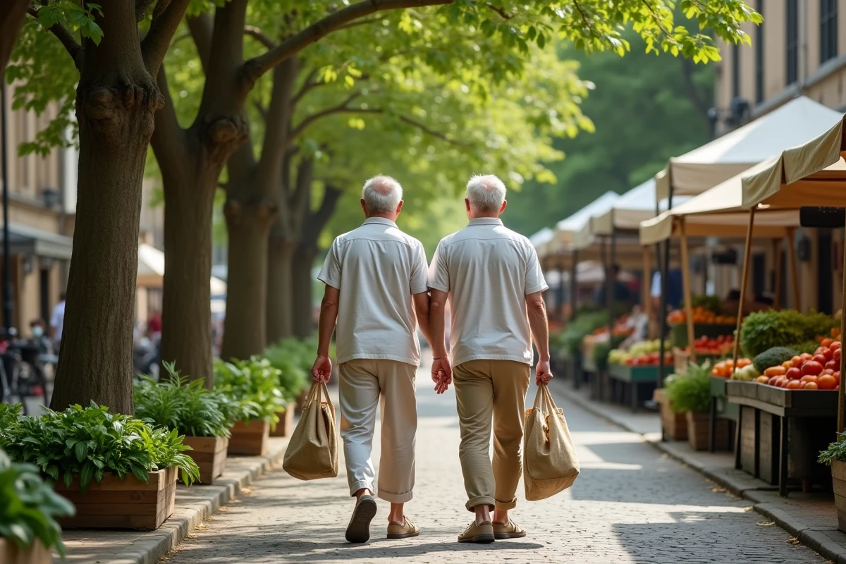 Couple de seniors marchant dans un marché de producteurs en ville avec des sacs réutilisables remplis de légumes frais et bio