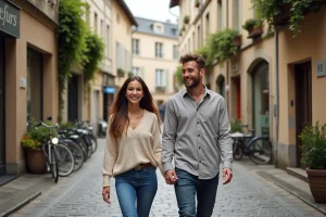 Jeune couple souriant se promenant dans Angoulême