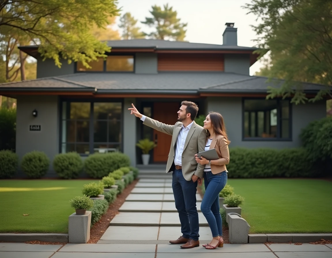 Couple évaluant une maison à vendre grâce à une plateforme immobilière sur tablette