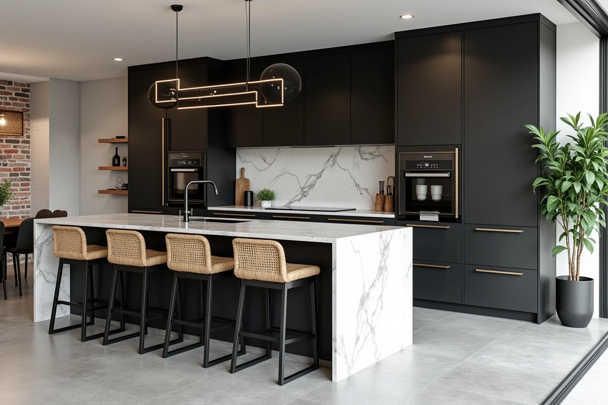 Cuisine ouverte contemporaine avec îlot en marbre Calacatta, armoires noires matte et tabourets en rotin pour une déco intérieure moderne