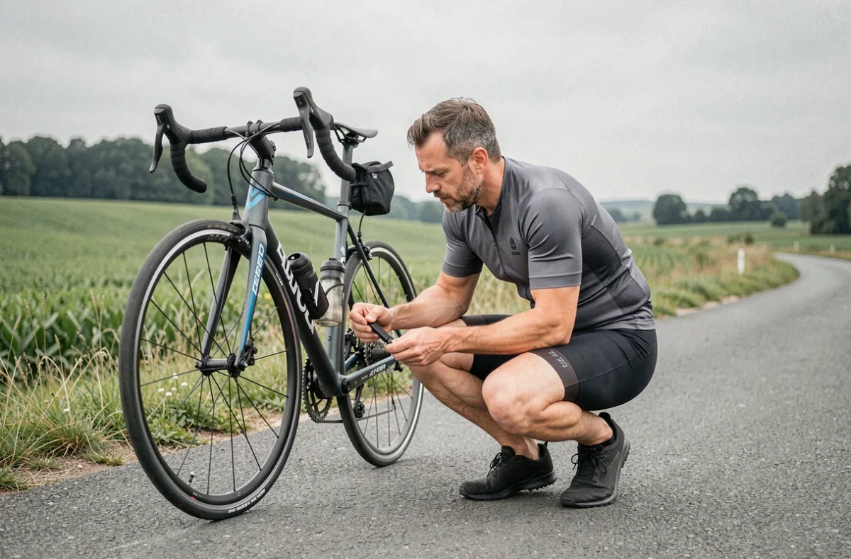Cycliste masculin en tenue de vélo ajustant son dérailleur sur une piste rurale avec un outil de réglage, entouré d'un paysage champêtre