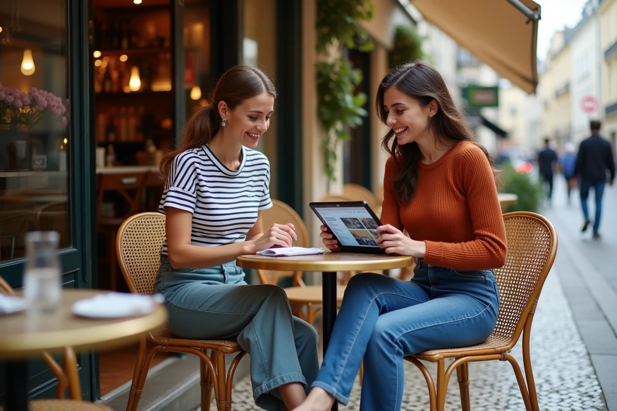 Deux femmes parisiennes discutant des actualités sur une tablette à la terrasse d'un café typique de Paris