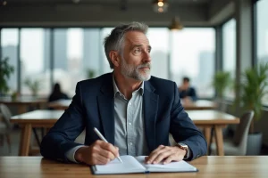 Dirigeant en reconversion professionnelle réfléchissant à son nouveau positionnement devant un carnet ouvert dans un espace de coworking moderne