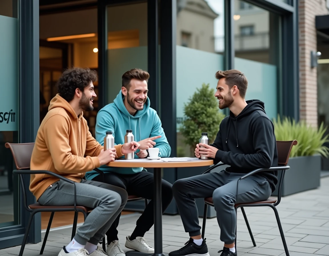 Trois amis discutant de leur abonnement duo et parrainage Basic Fit devant l'entrée de la salle de sport