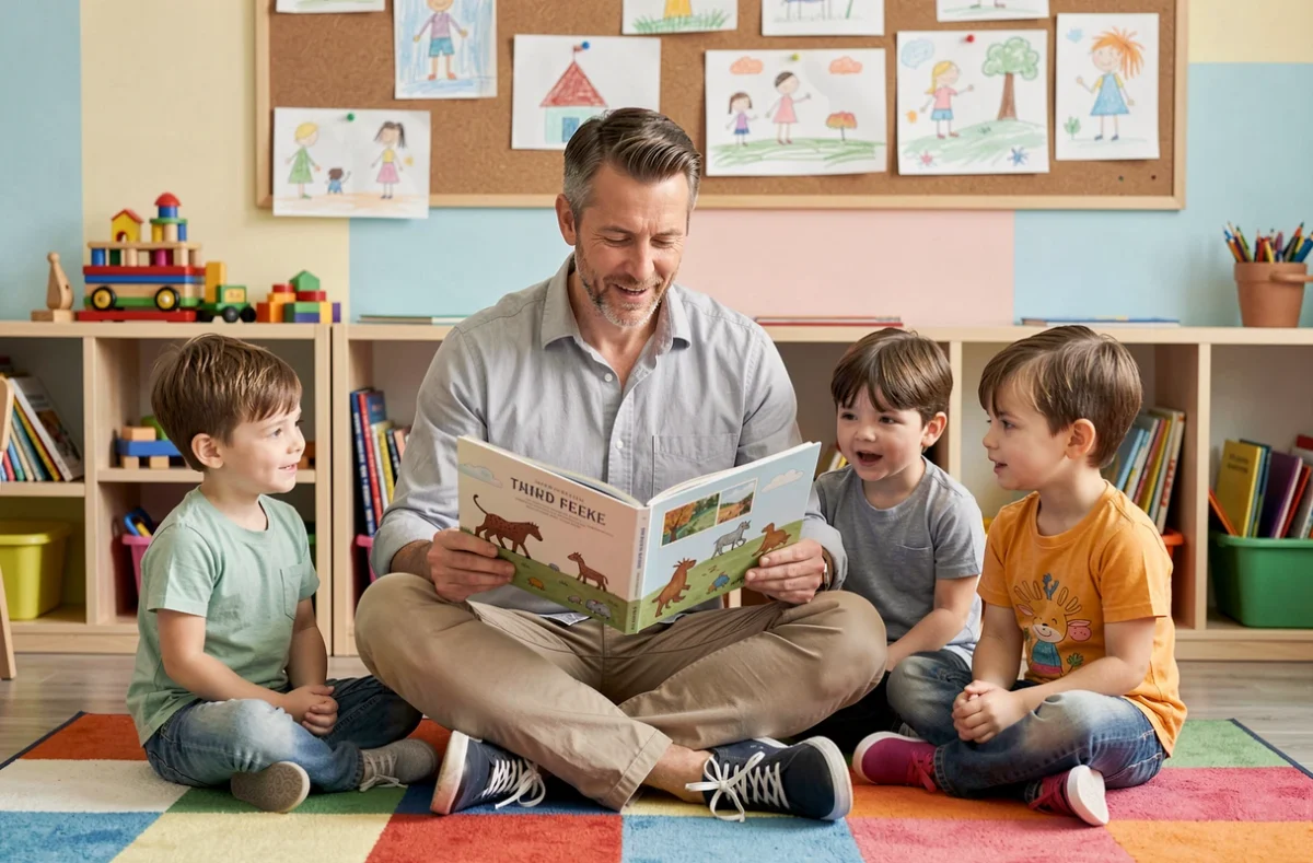 Éducateur lisant une histoire à un groupe d'enfants en classe maternelle, scène d'accompagnement éducatif bienveillant