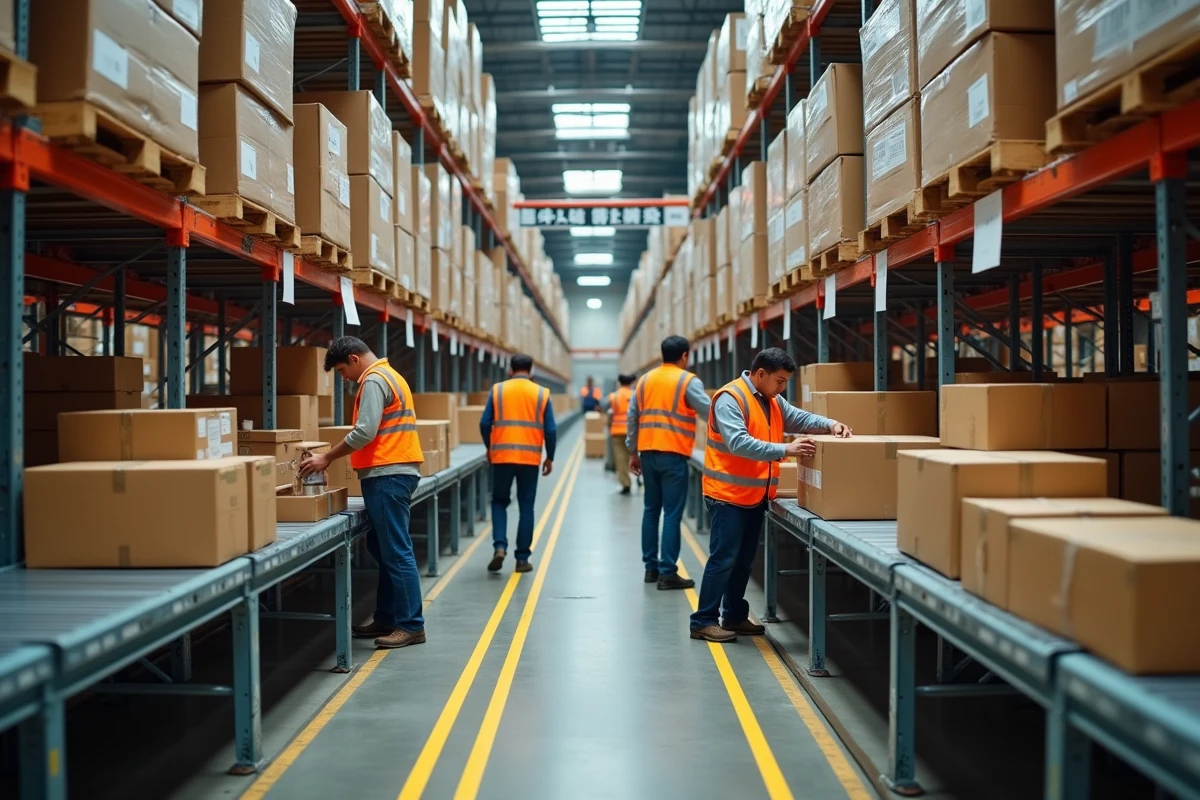 Entrepôt logistique d'un centre de distribution en Chine avec des employés triant des colis sur des tapis roulants industriels