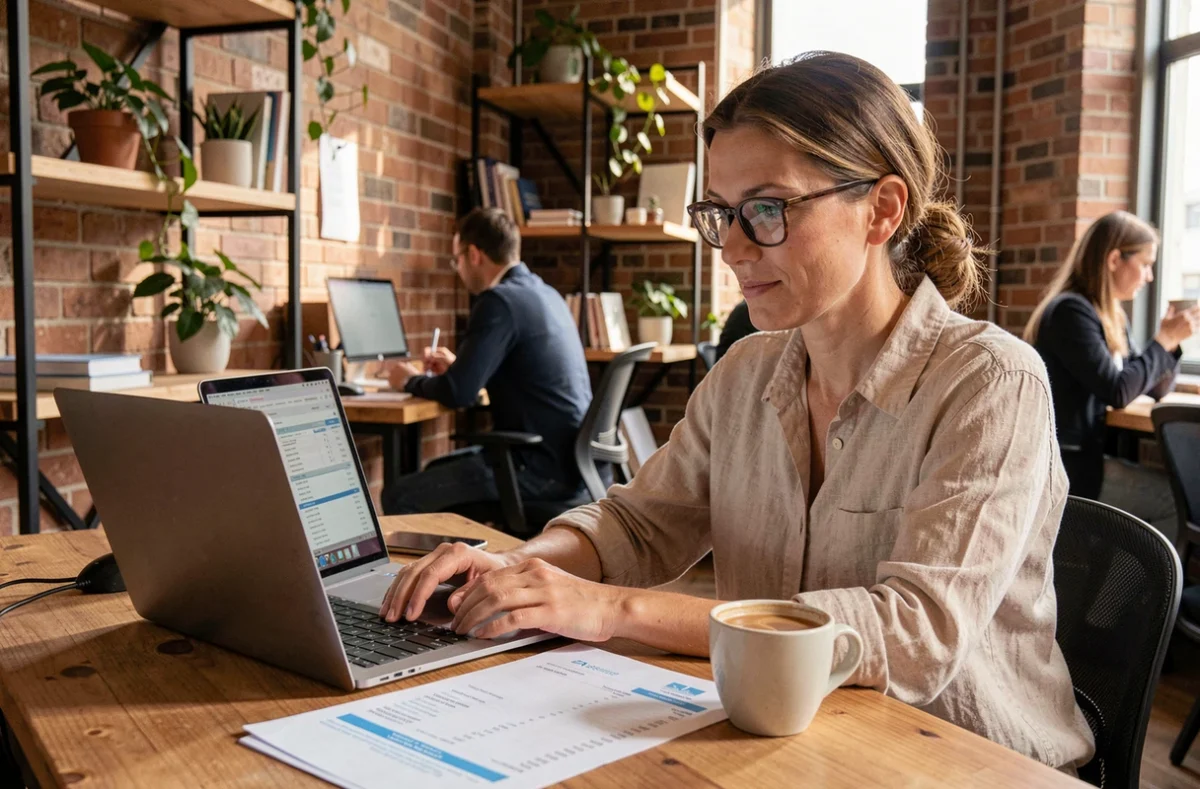 Une entrepreneuse analysant ses relevés bancaires et documents financiers dans un espace de co-working