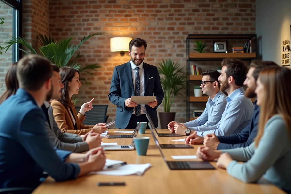 Groupe de professionnels en brainstorming dans un espace de travail