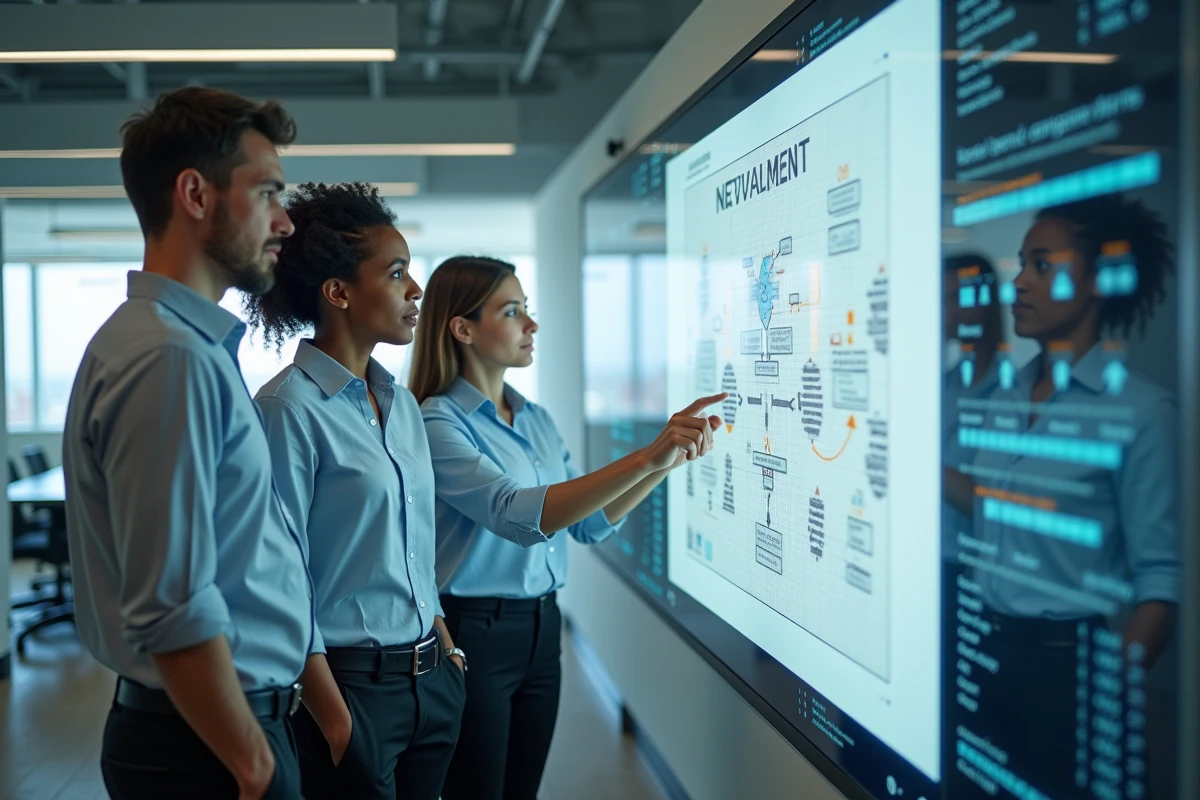 Equipe diverse analysant un diagramme réseau dans une salle de réunion hightech