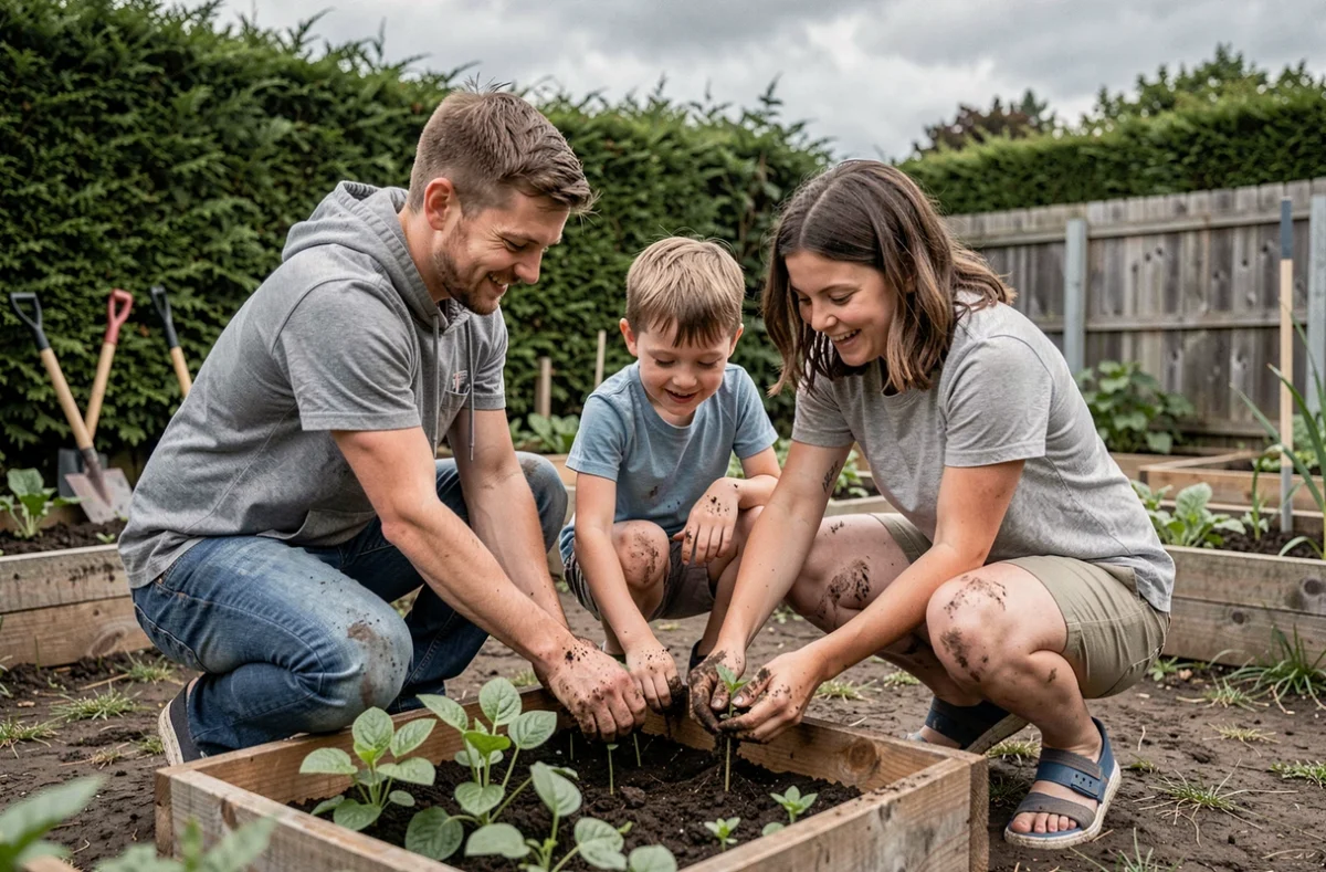 Parents et enfants jardinent ensemble dans le potager familial, les mains dans la terre, moment de complicité en plein air