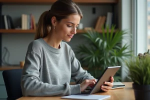 Femme consultant l'actualité tech et médias sur une tablette dans un bureau moderne