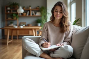 Femme en train de dessiner plans d interieur dans un salon scandinave