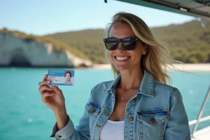 Femme souriante avec licence de bateau en main sur un bateau