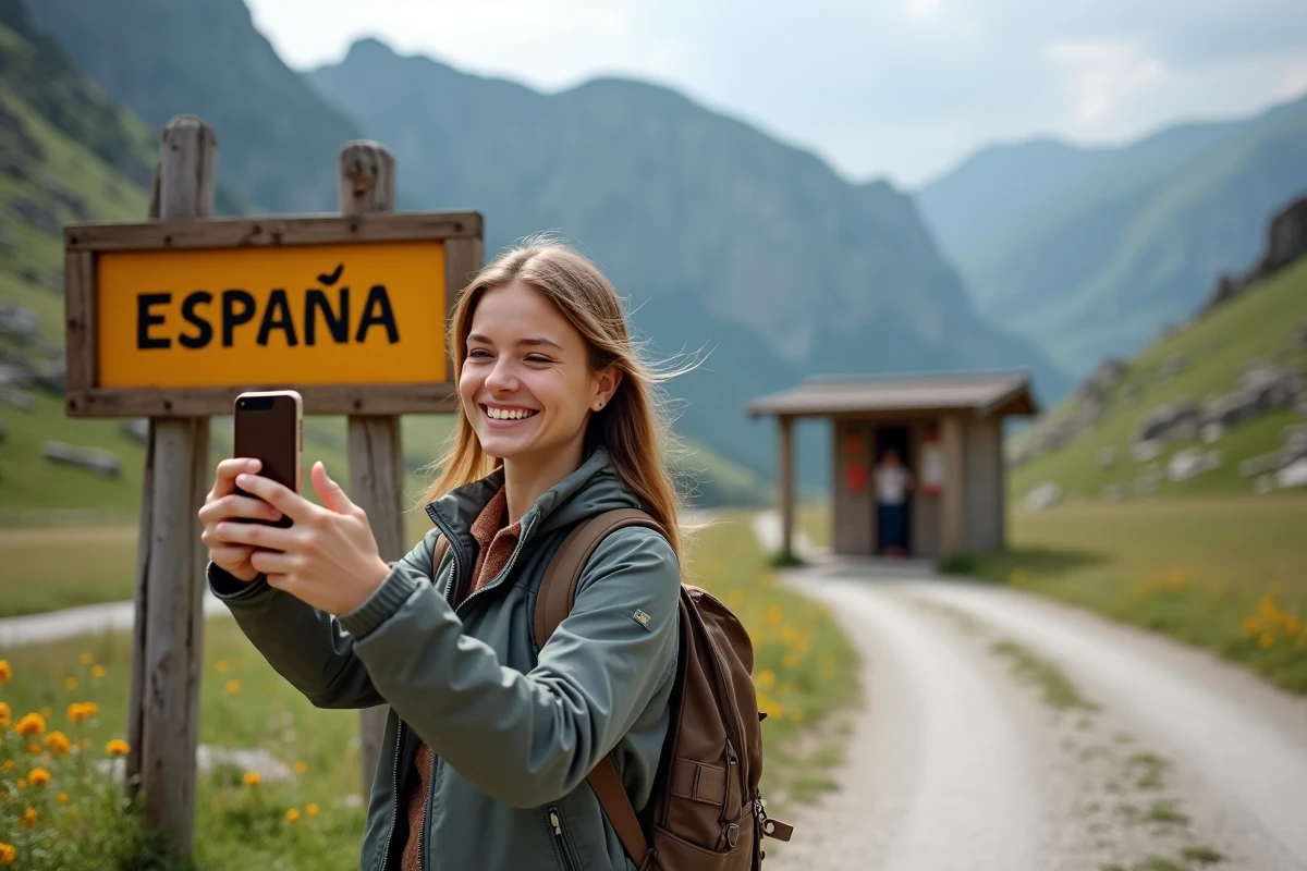 Jeune femme souriante prenant un selfie près du panneau Espagne