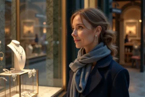 Femme élégante admirant un collier diamant dans une boutique parisienne