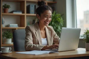 Jeune femme au bureau à domicile concentrée sur son ordinateur