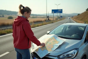 Femme regardant une carte routière sur la voiture