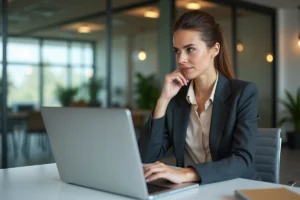 Femme confiante au bureau pour l'article sur la carrière