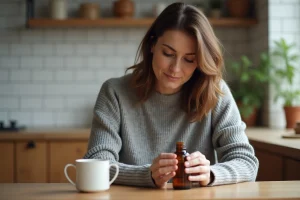 Femme d'une quarantaine d'années lisant l'étiquette d'un complément alimentaire Hepaliv à la maison