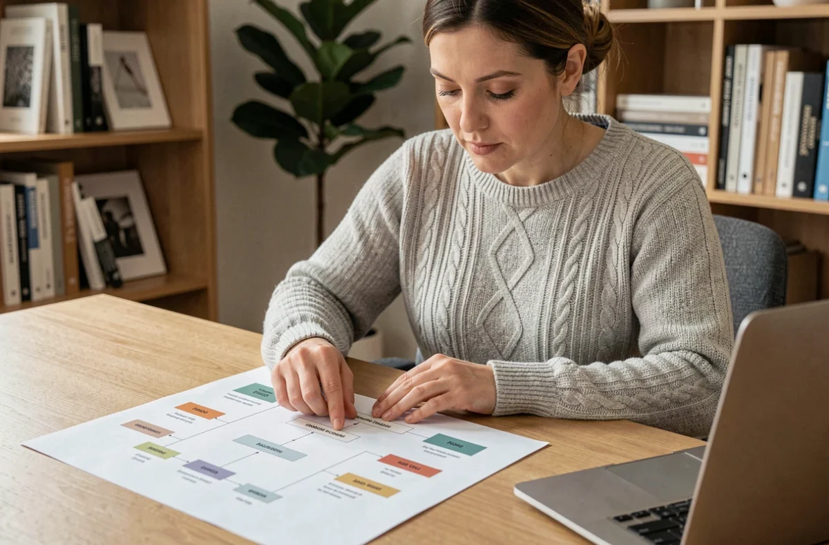 Femme consultant un plan de site imprimé sur un bureau en bois dans un bureau à domicile moderne