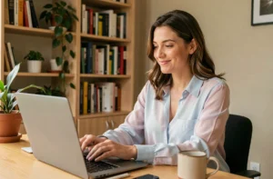 Femme contactant l'équipe Maman et Moi depuis son bureau à domicile sur son ordinateur portable