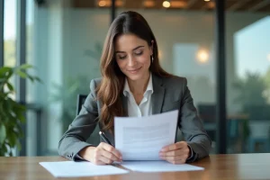 Femme en bureau moderne examinant un contrat