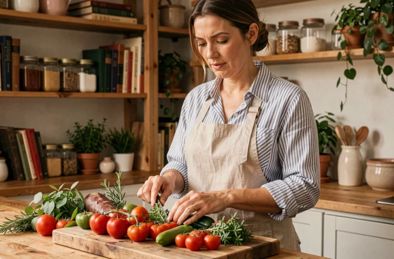 Femme préparant des légumes frais et des herbes aromatiques sur une planche en bois dans une cuisine chaleureuse et authentique