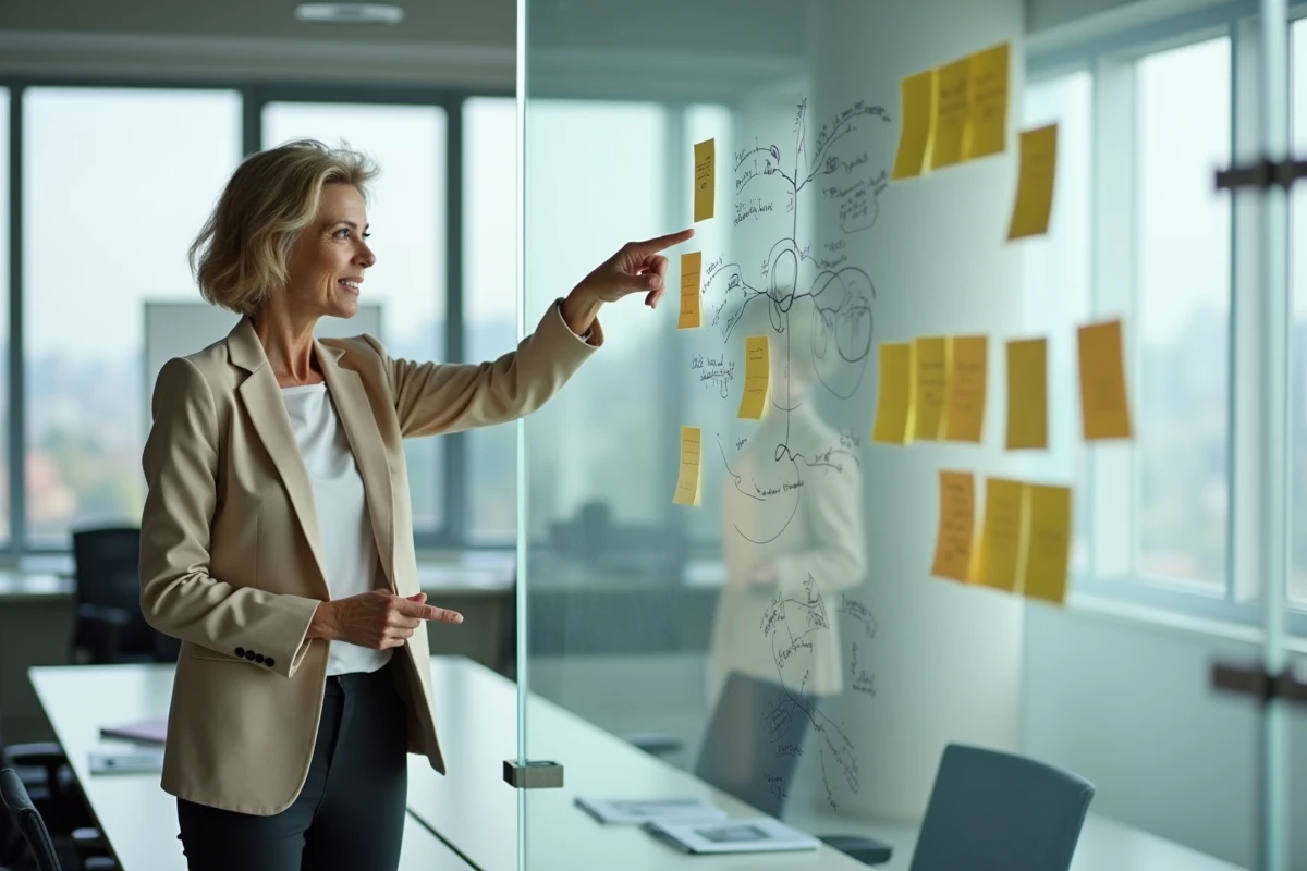 Femme cadre dirigeante en pleine réflexion stratégique sur sa reconversion professionnelle devant un mur de post-it et une carte mentale